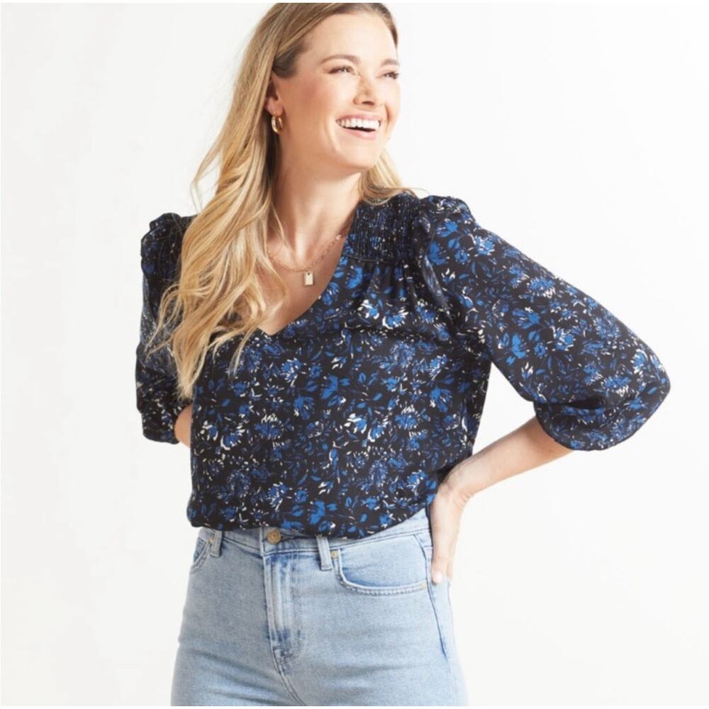 ROAN + RYAN Blouse Size Extra Small Top Evereve Black and Blue Floral Business